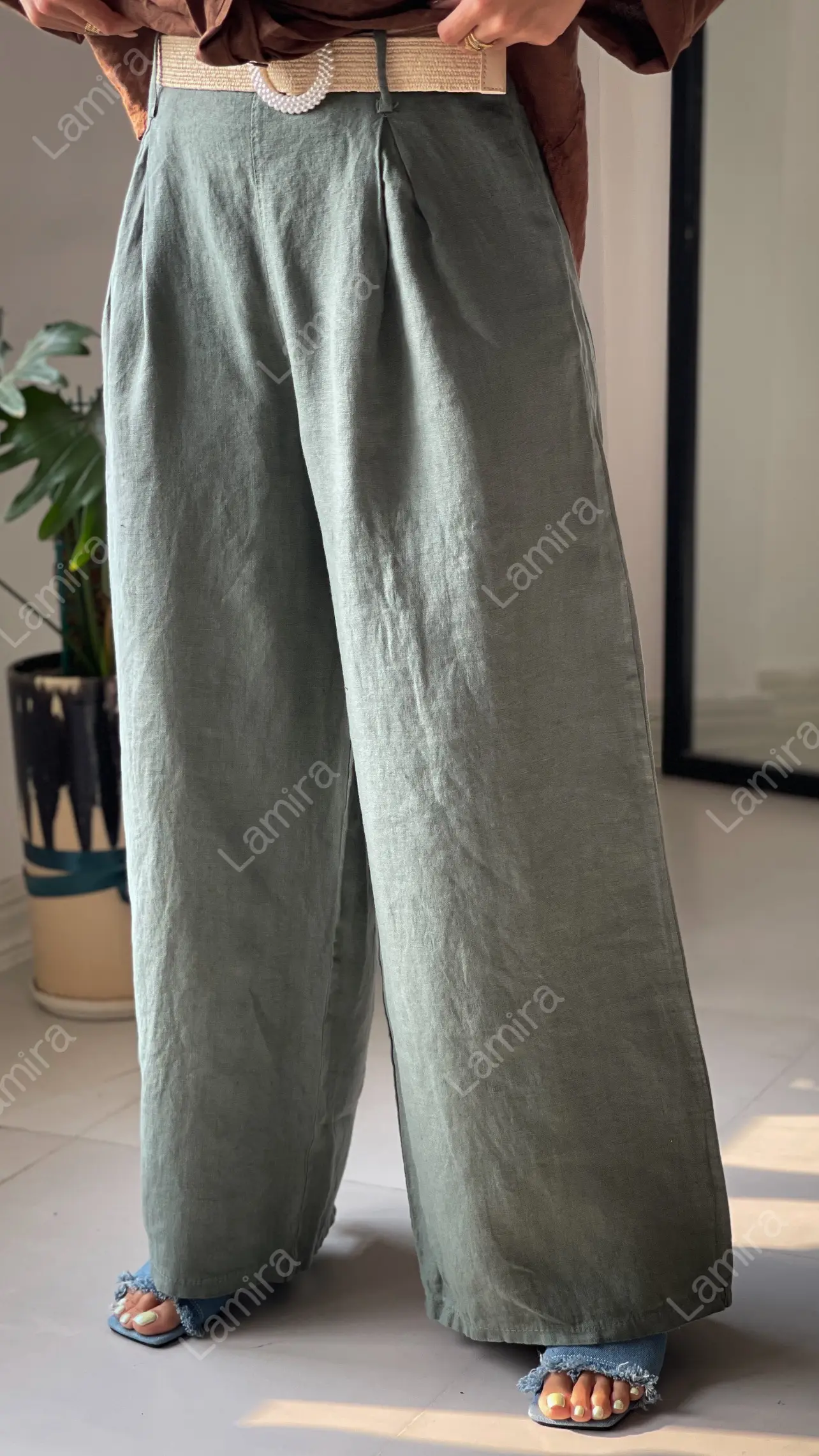 شلوار لینن ایتالیایی کمربند مرواریدی